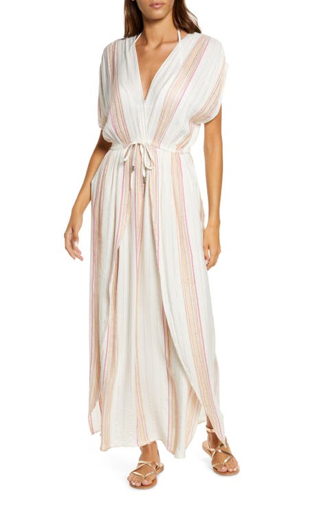 Metallic Stripe Maxi Cover-Up Caftan