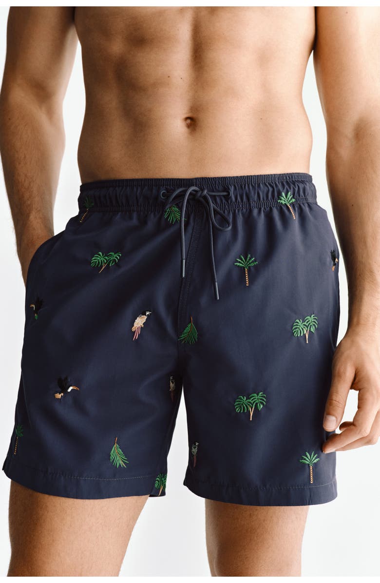 H&M Patterned Swim Shorts, Alternate, color, Navy Blue/Patterned