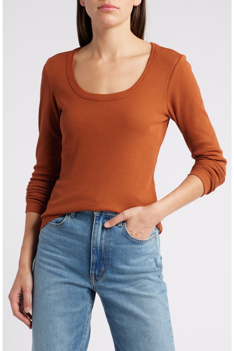 Scoop Neck Long Sleeve Cotton & Modal T-Shirt, Main, color, RUST HILLS