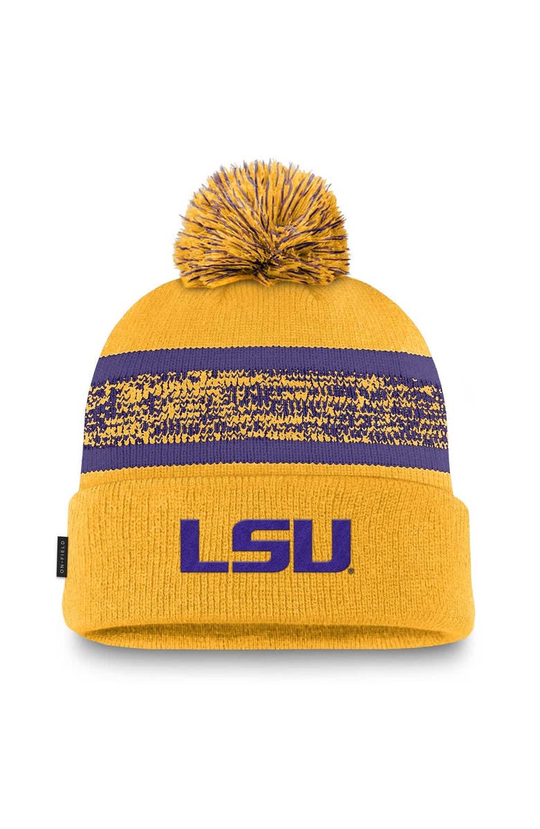 Nike Men's Nike  Gold LSU Tigers On-Field Peak Cuffed Knit Hat with Pom, Main, color, 