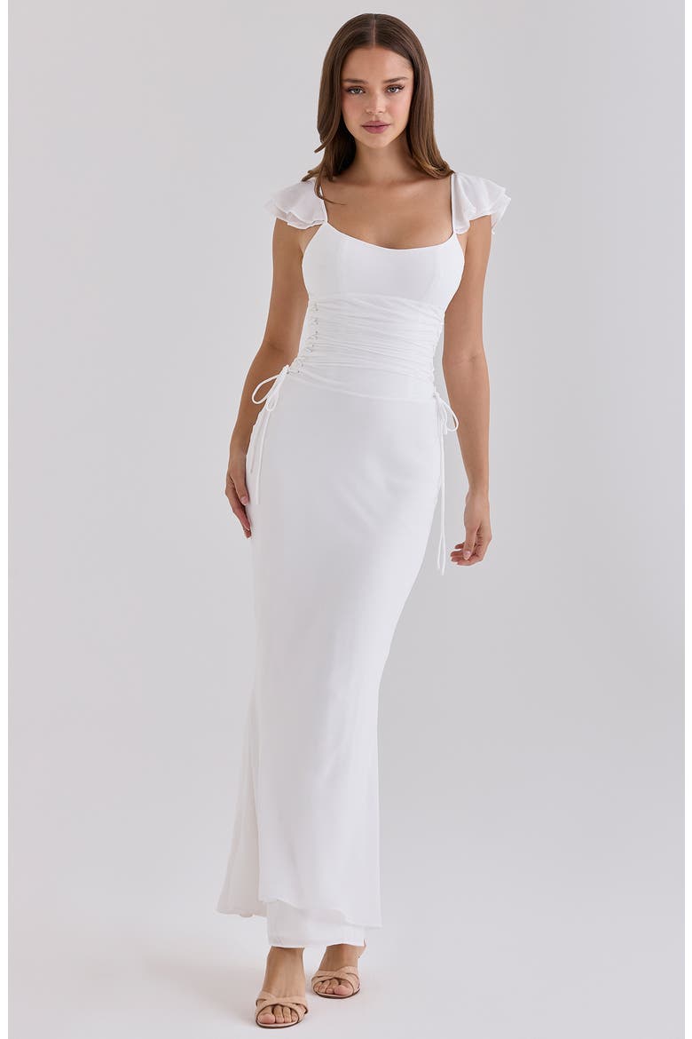 Flutter Sleeve Lace Up Gown, Alternate, color, WHITE