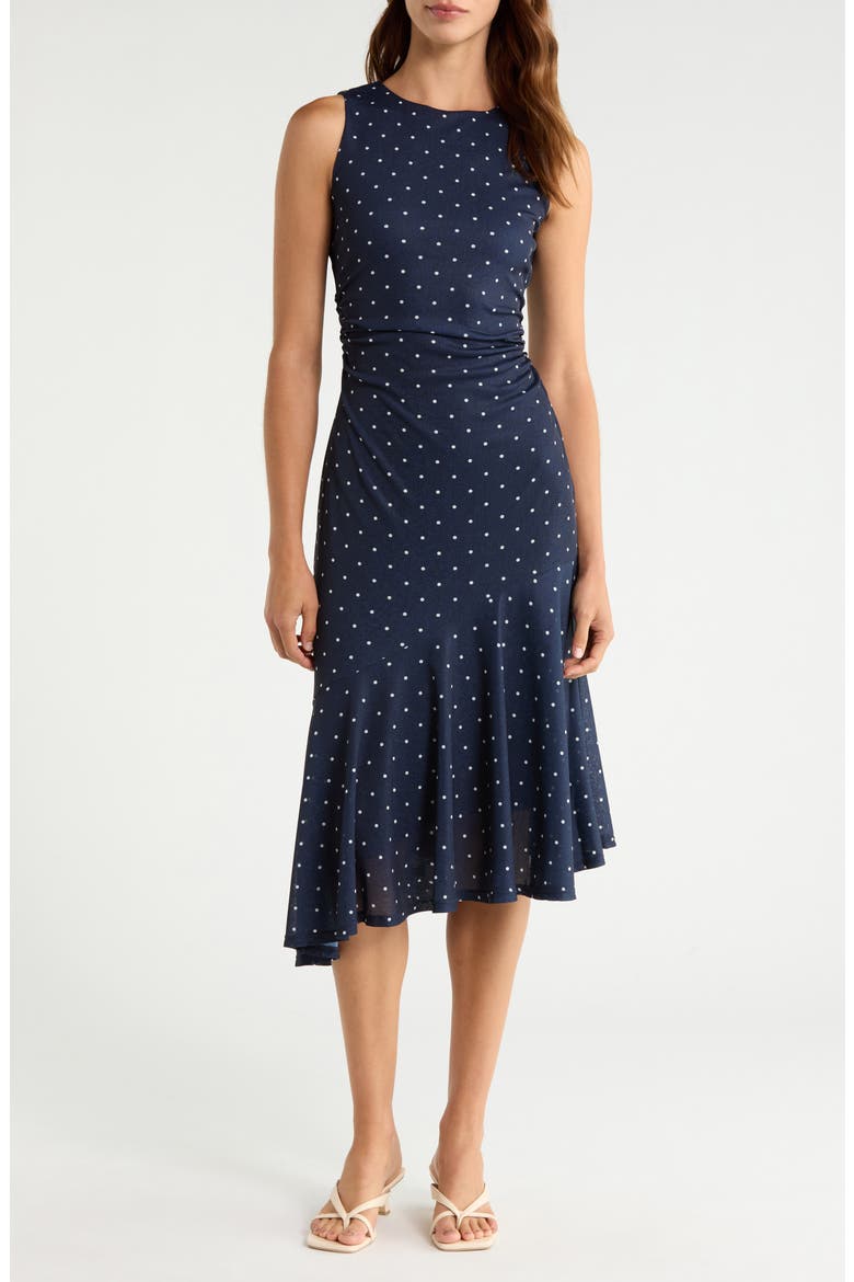 Daija Polka Dot Sleeveless Asymmetric Midi Dress, Main, color, NAVY POLKA DOTS