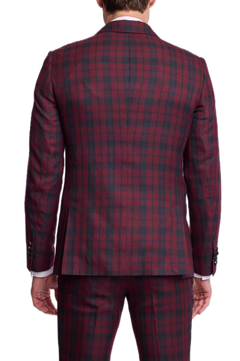 Kyle Slim Fit Plaid Peak Lapel Tuxedo Jacket, Alternate, color, BURGUNDY BLACK TARTAN