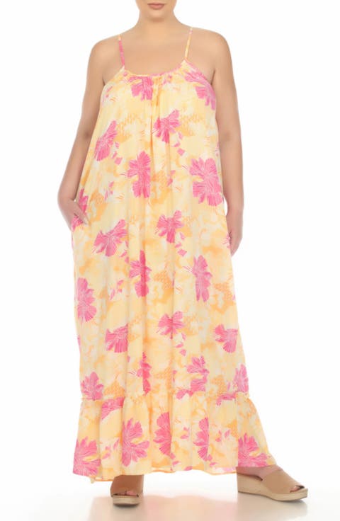 Scoop Neck Spaghetti Strap Floral Print Maxi Dress (Plus)