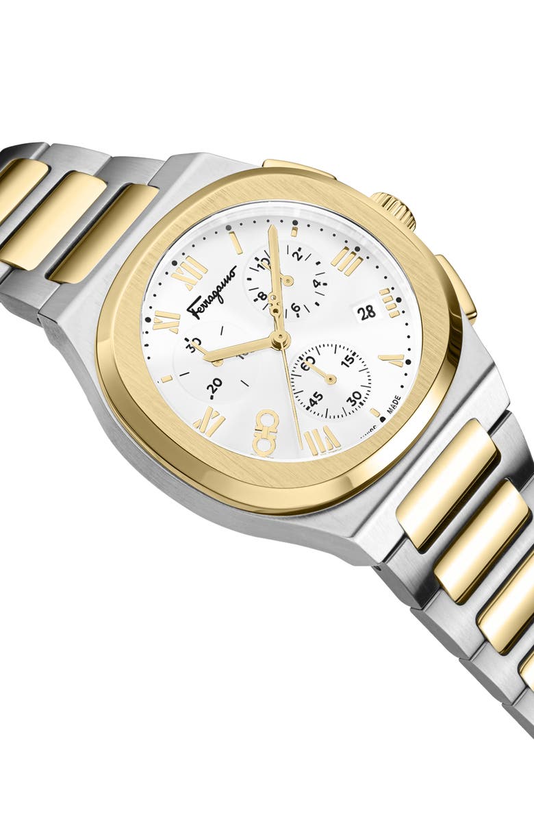 FERRAGAMO Elliptical Two-Tone Bracelet Strap Chronograph Watch, 38mm, Alternate, color, Tte