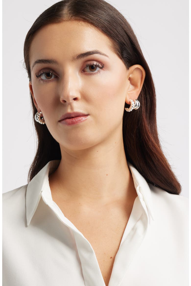 Set of 3 Textured Hoop Earrings, Alternate, color, SILVER
