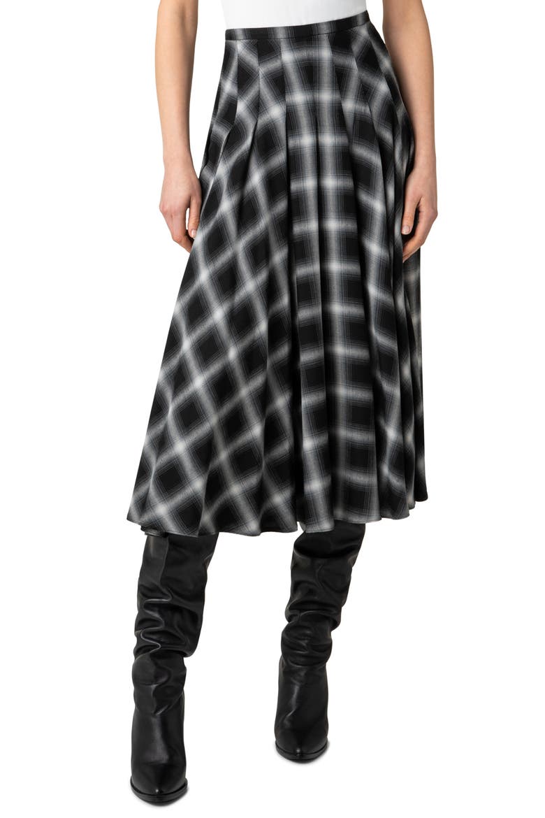 Plaid Pleated Midi Skirt, Main, color, 098-BLACK-CREAM