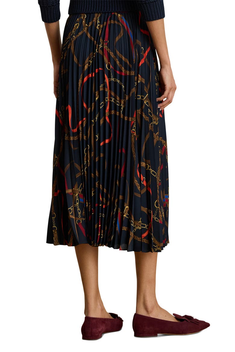 Belting Print Pleated Georgette Skirt, Alternate, color, NAVY MULTI