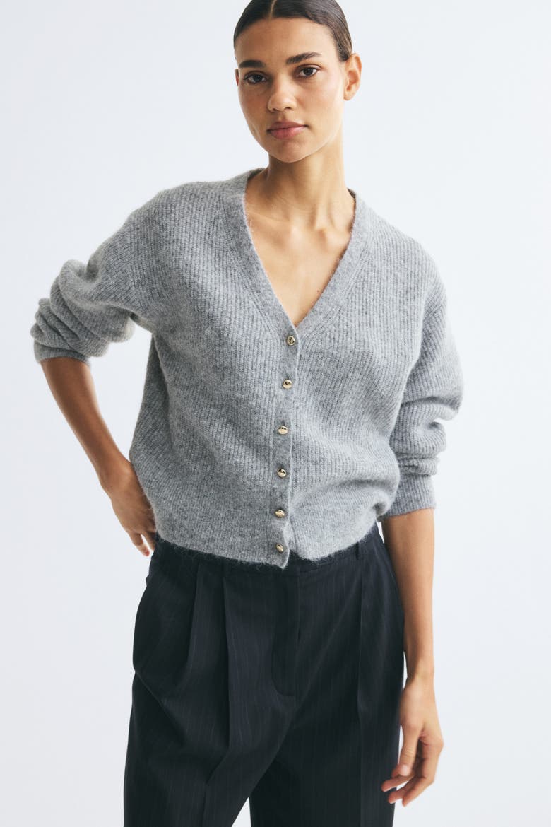 Rib-knit V-neck Cardigan, Alternate, color, Gray melange