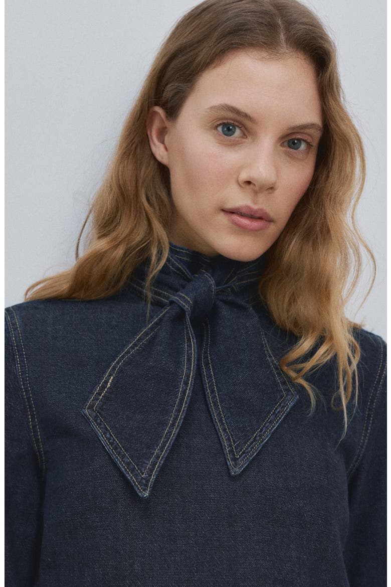 Tie Neck Denim Button-Up Shirt, Alternate, color, DARK BLUE
