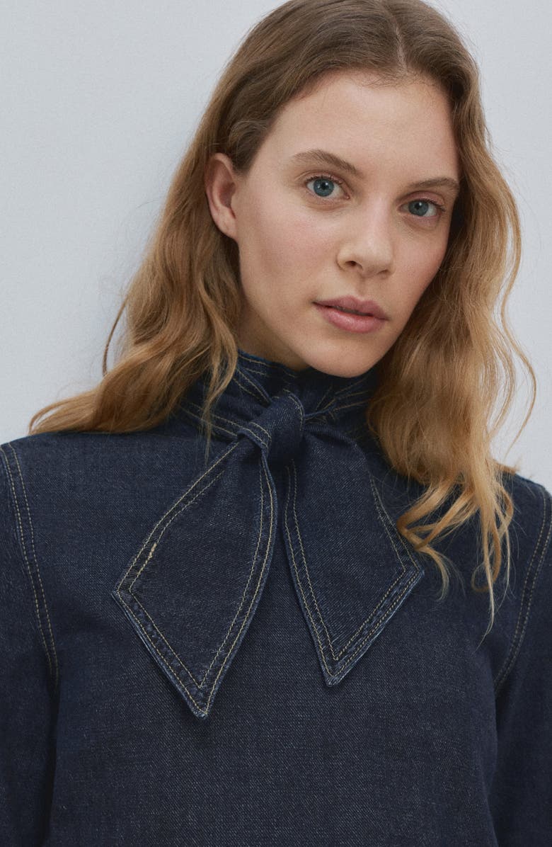 MANGO Tie Neck Denim Button-Up Shirt, Alternate, color, Dark Blue