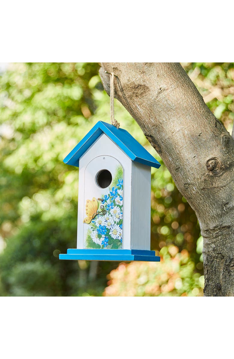 Glitzhome 11"H Distressed Solid Wood Daisy with Butterfly Birdhouse, Alternate, color, Blue