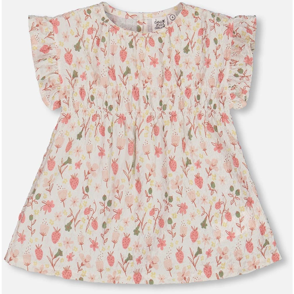 DEUX PAR DEUX DEUX PAR DEUX GIRL'S PRINTED SEERSUCKER BLOUSE WITH FRILLS PINK FLOWERS ON CREAM BACKGROUND