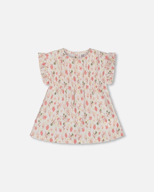 Deux Par Deux Little Girl's Printed Seersucker Blouse With Frills Pink Flowers On Cream Background In Pink Flowers On Cream