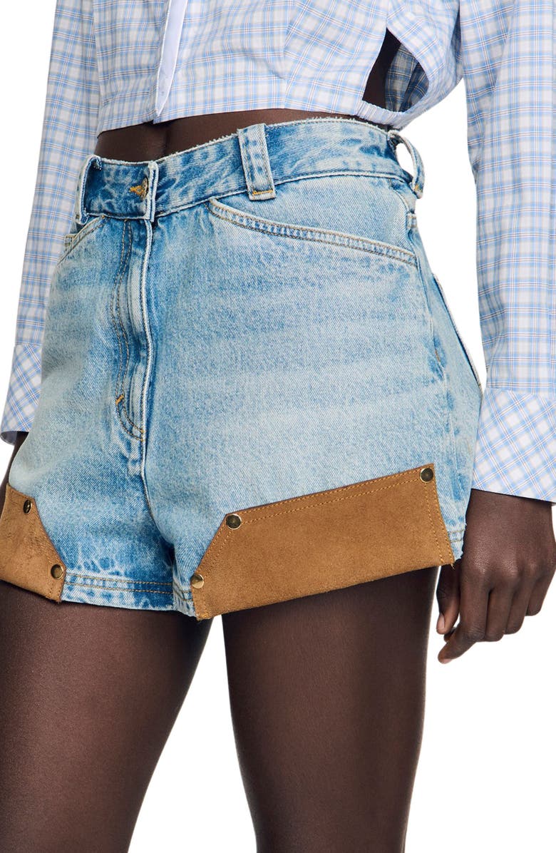 SANDRO Denim and suede shorts with rivets, Alternate, color, Light Bu Jean
