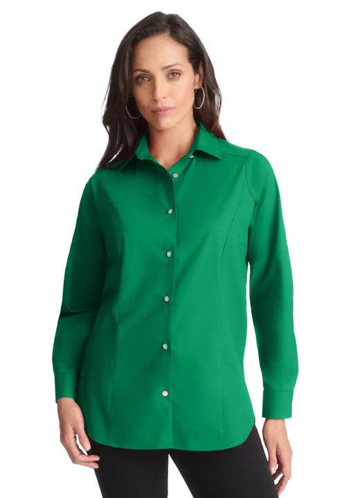 Jessica London Wrinkle-free Stretch Poplin Shirt In Green