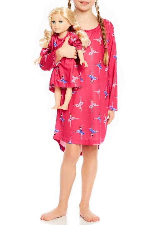 Girls Long Sleeve Nightgown with Matching Doll Nightgown, Printed Design