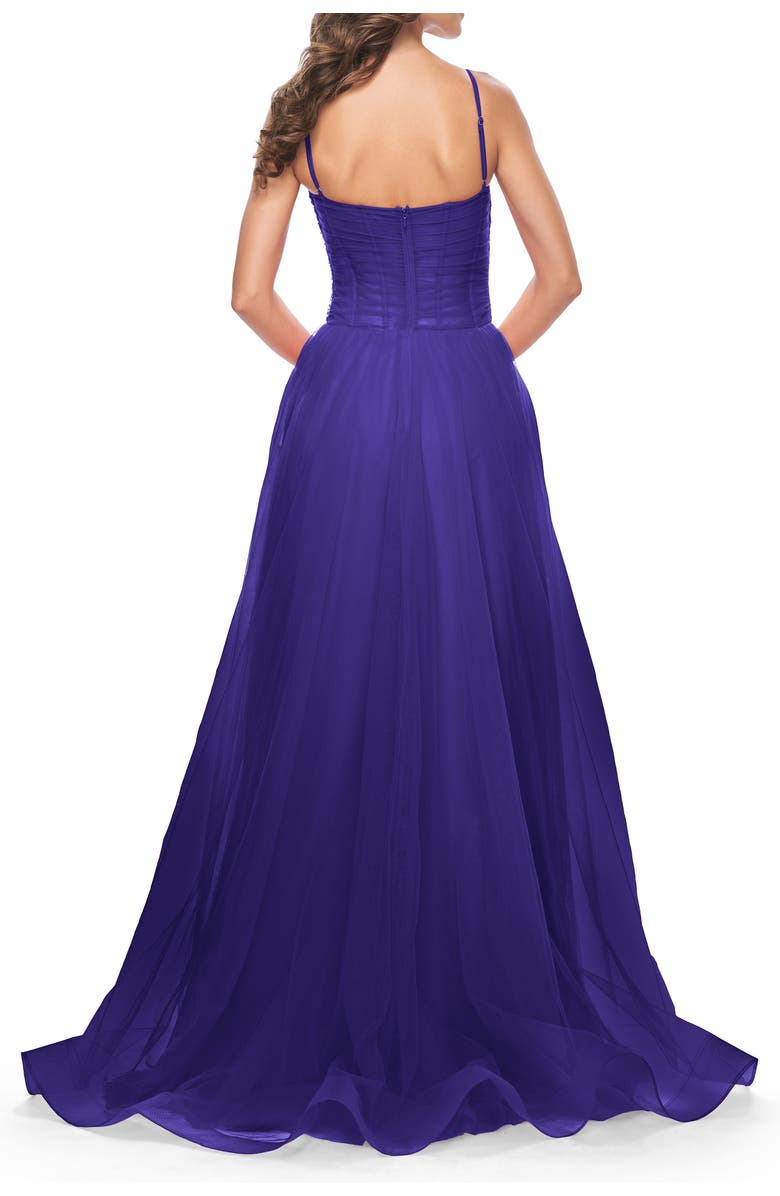 La Femme A-line Square Neck Tulle Ballgown with Illusion Waist, Alternate, color, Indigo