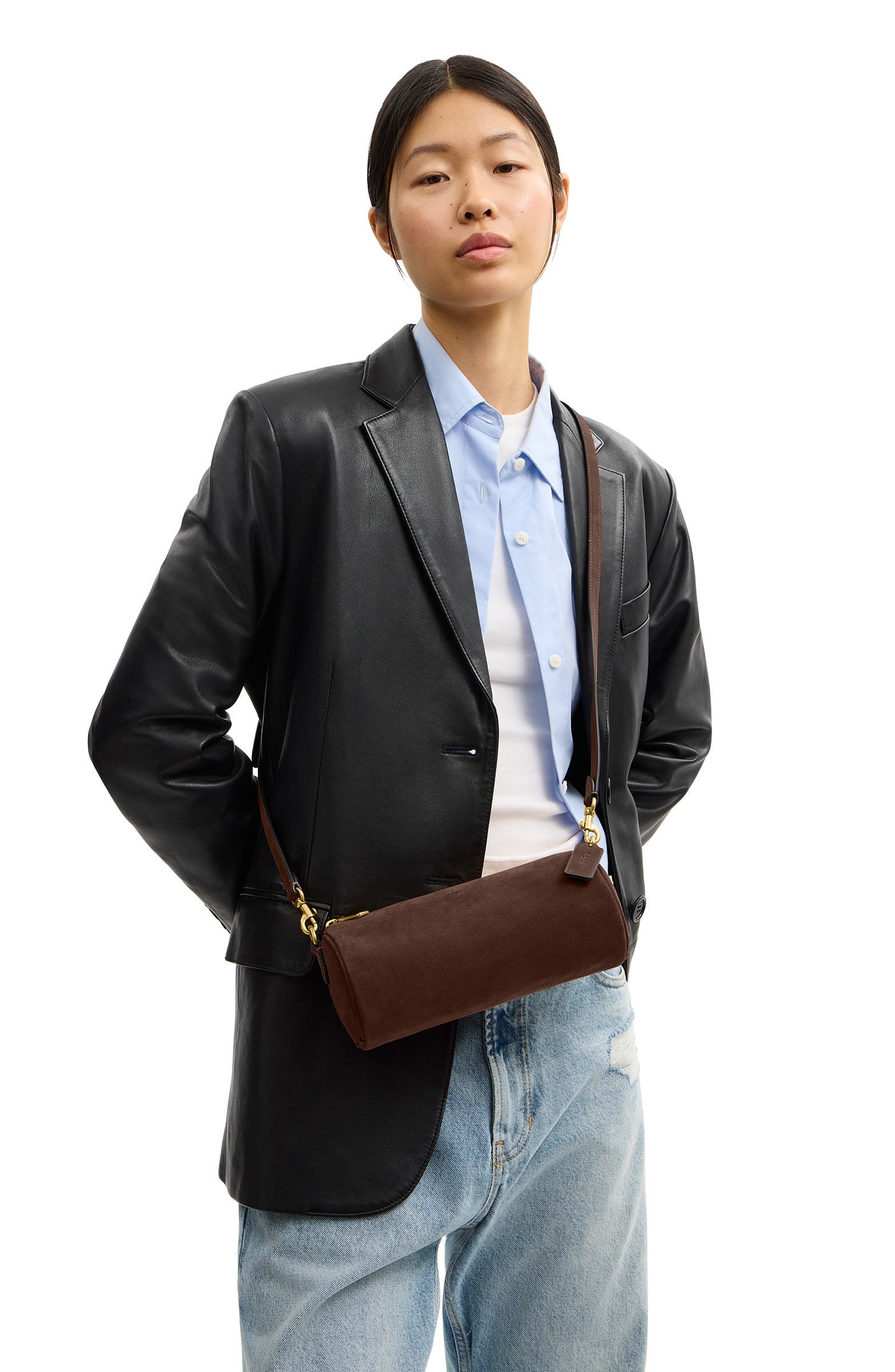 Suede Barrel Bag, Alternate, color, DARK CHOCOLATE