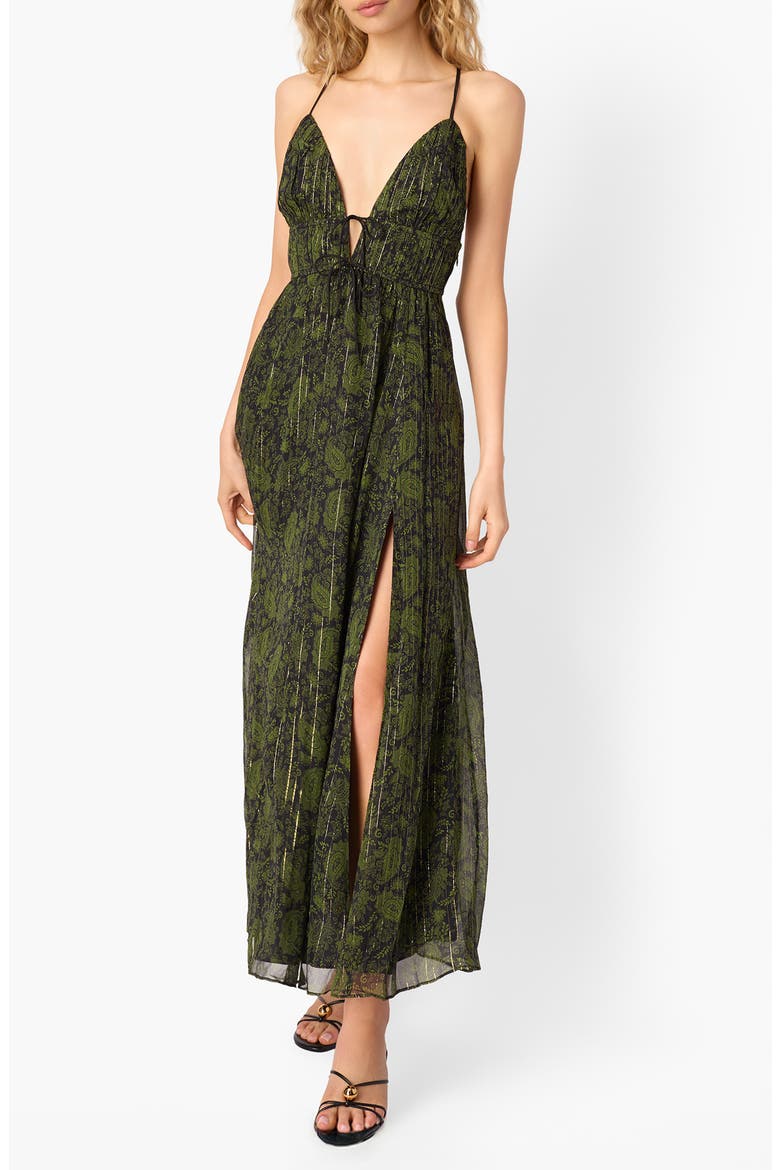 Dorinda Metallic Stripe Paisley Silk Blend Chiffon Maxi Dress, Main, color, FOREST PAISLY