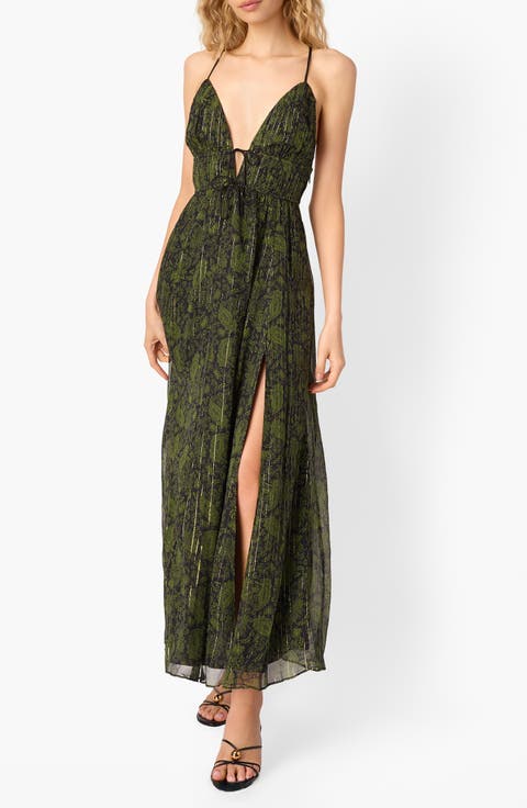 Dorinda Metallic Stripe Paisley Silk Blend Chiffon Maxi Dress