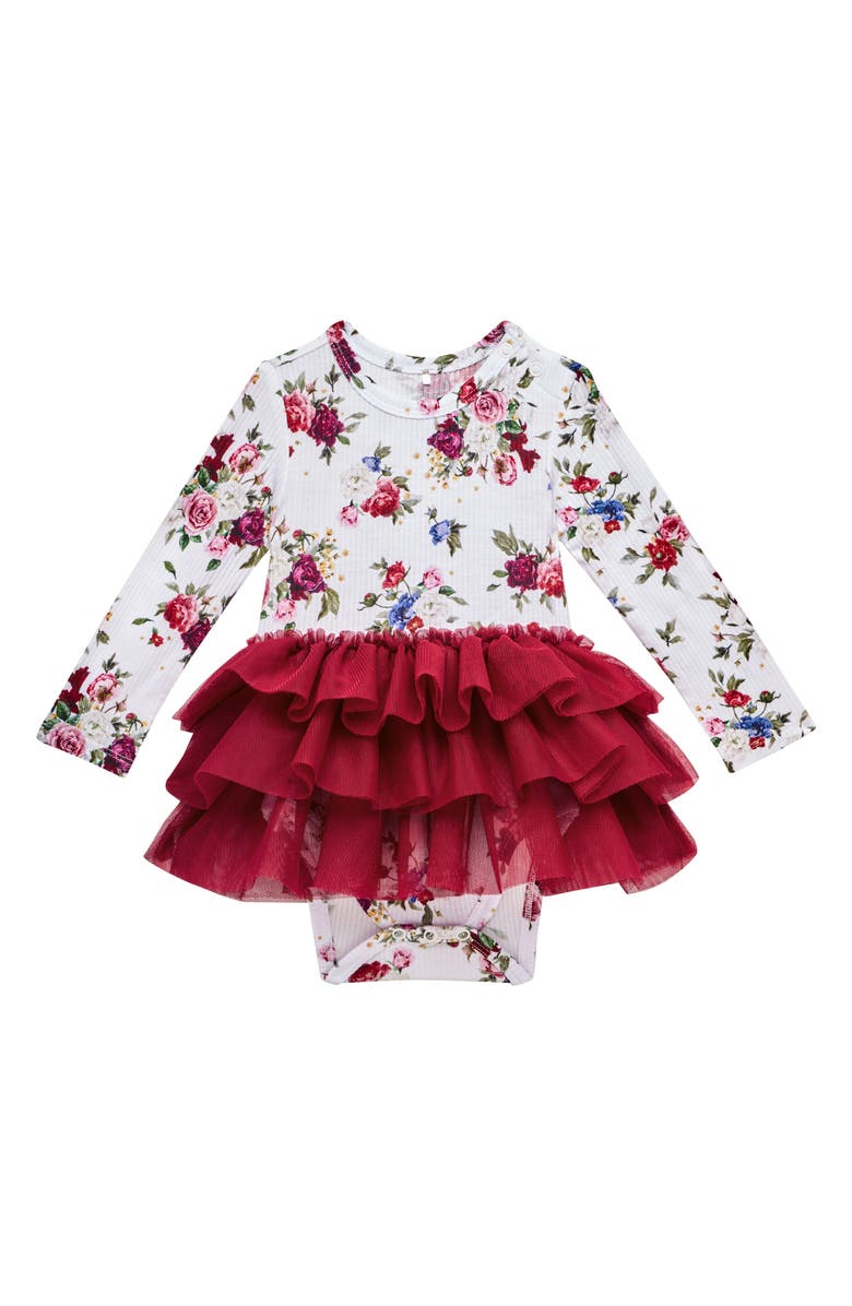 Posh Peanut Philippa Floral Long Sleeve Tulle Tutu Dress, Main, color, Open White
