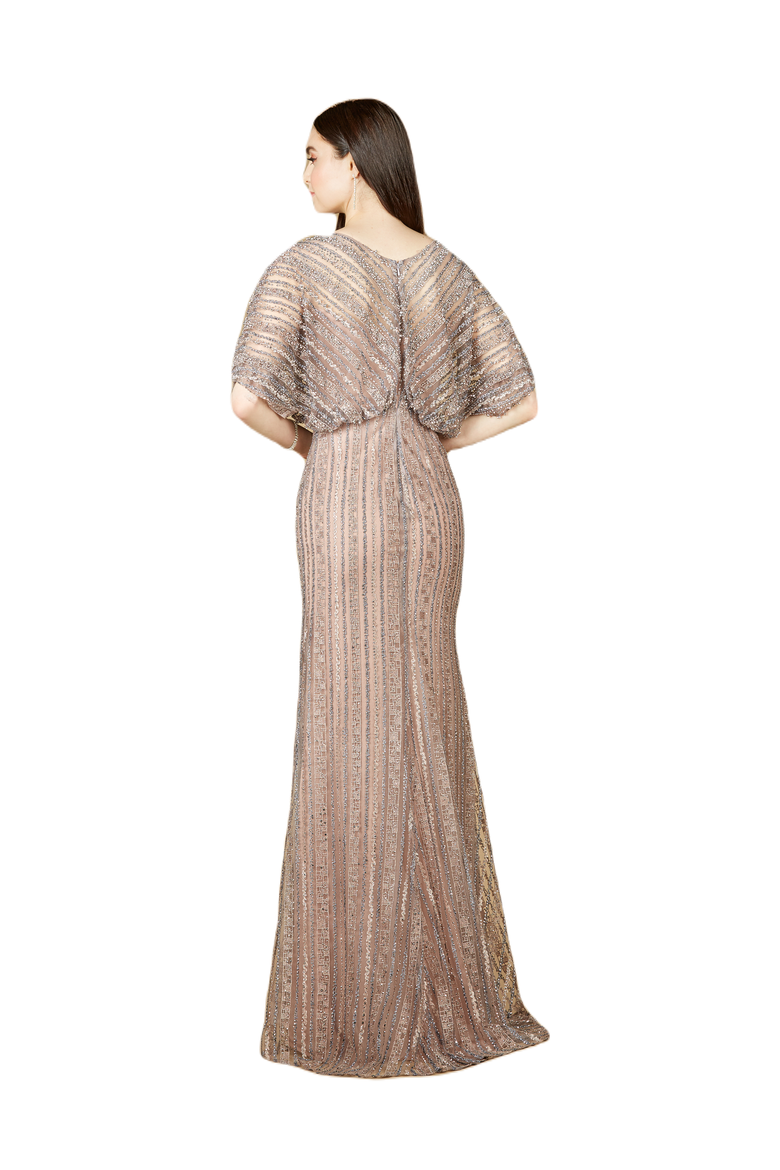 Cape Sleeve V-Neck Gown with Geometric Beading, Alternate, color, DustyPurple