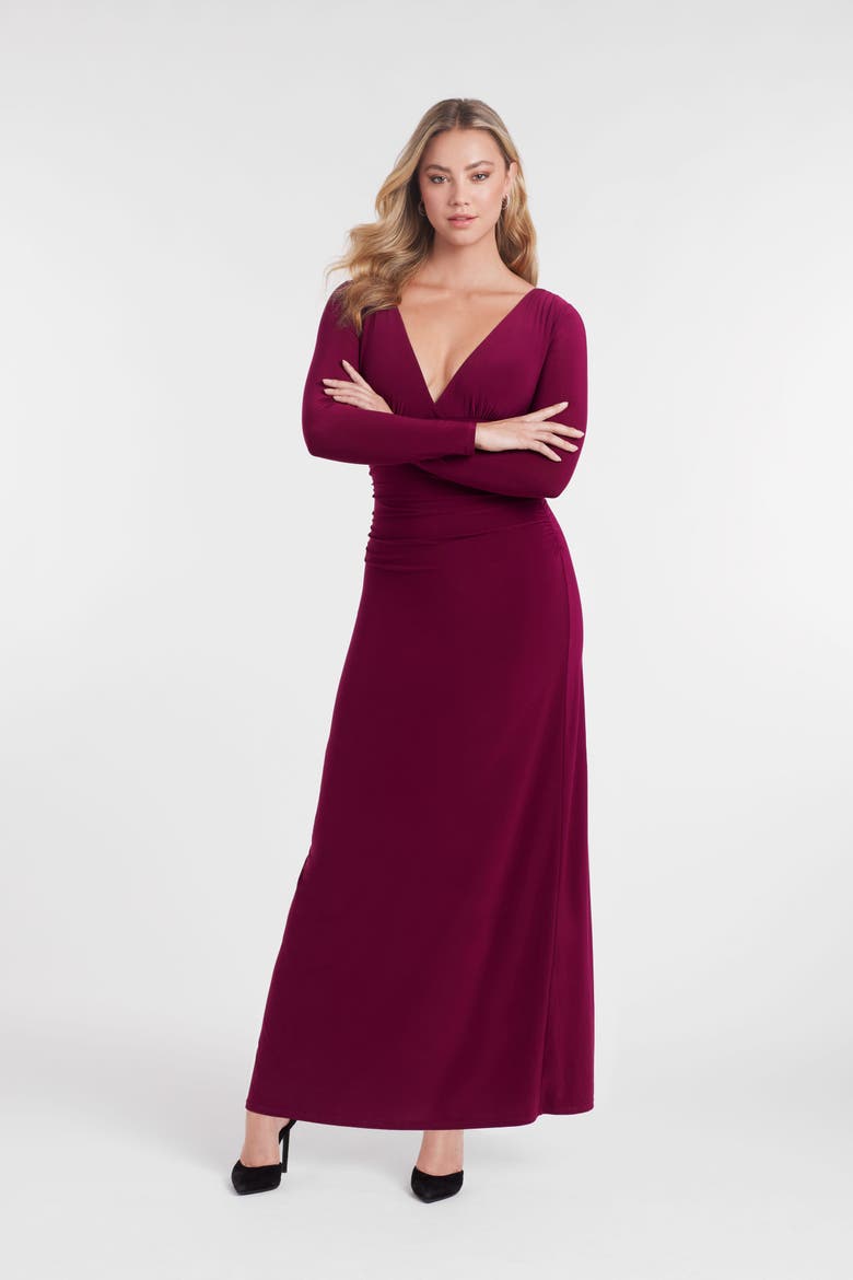 Sculpting Shapewear Shirred V-Neck Long Sleeve Solid Maxi Dress, Alternate, color, Cherry Mocha