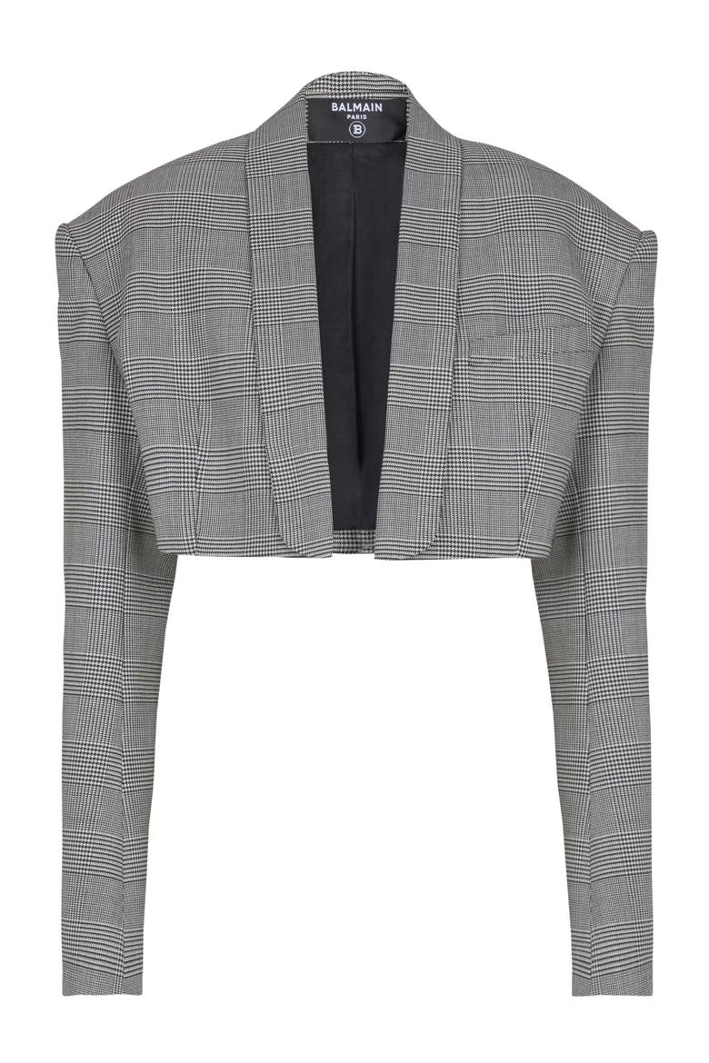 Cropped jacket in Prince of Wales jacquard, Alternate, color, black