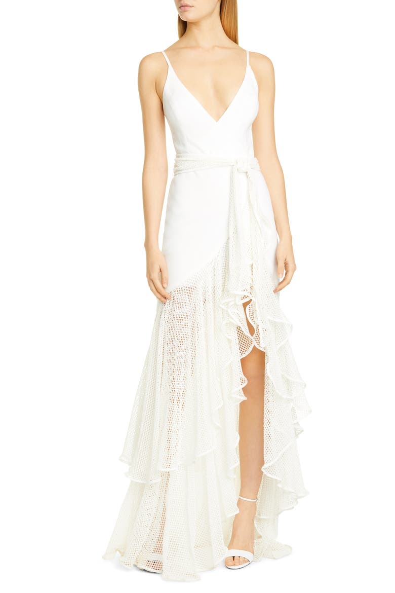 PatBO Mesh Trim Sheer Hem Gown, Main, color, WHITE
