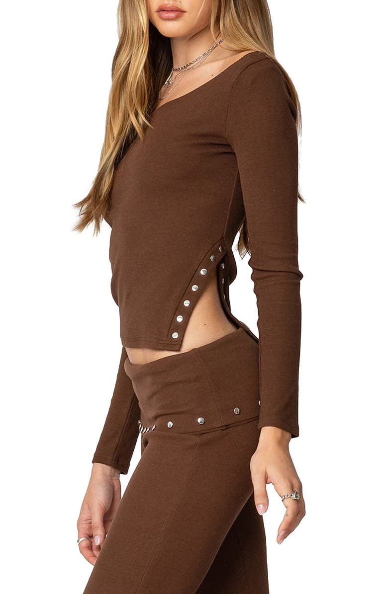 EDIKTED Aries Off the Shoulder Studded Rib Top, Alternate, color, Brown