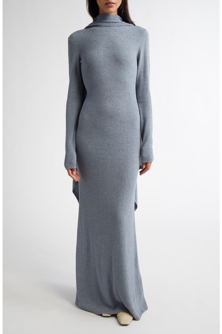 Cape Overlay Long Sleeve Silk Knit Dress, Main, color, MISTRAL