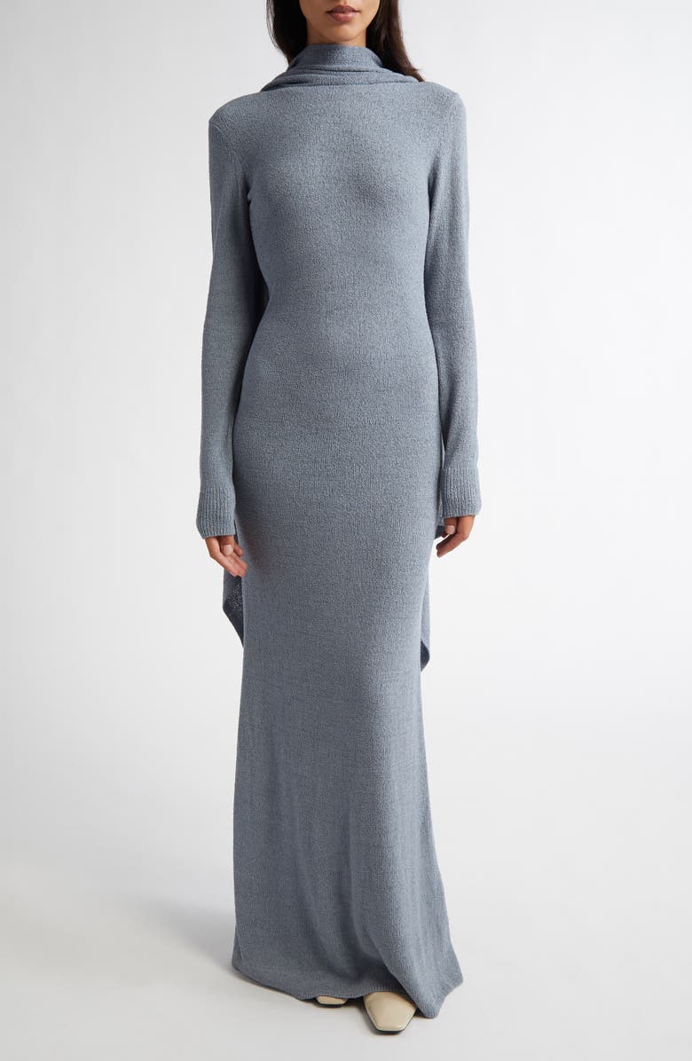 TOTEME Cape Overlay Long Sleeve Silk Knit Dress, Main, color, Mistral