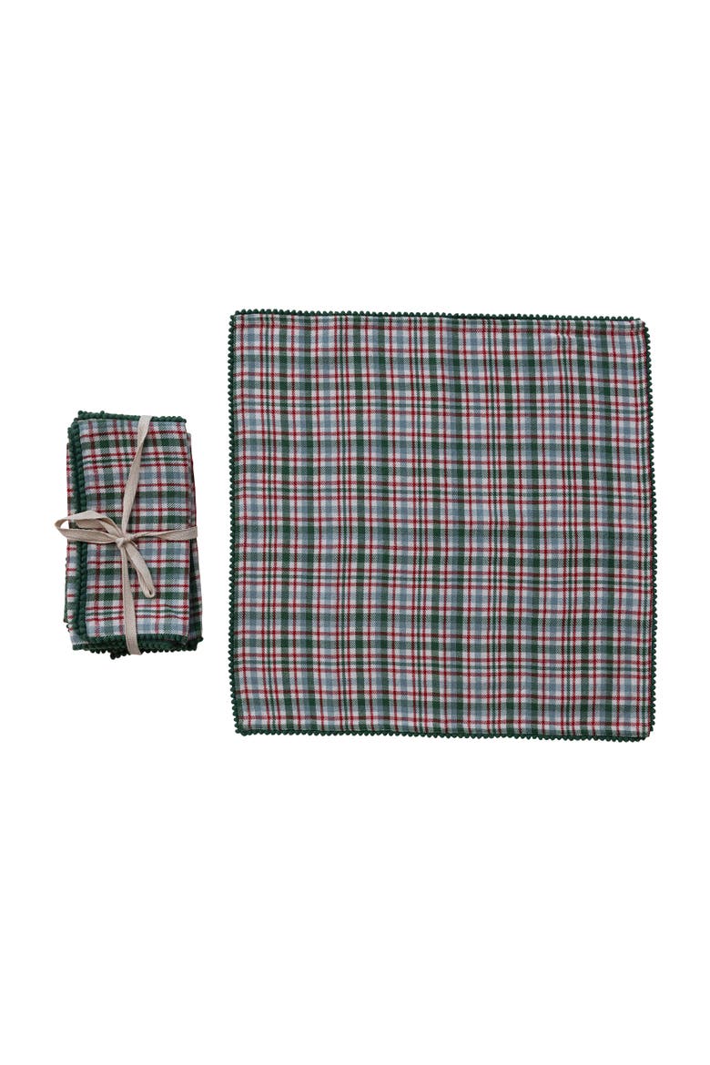 Plaid Cotton Napkins with Pom Pom Trim, Set of 4, Main, color, Multicolor