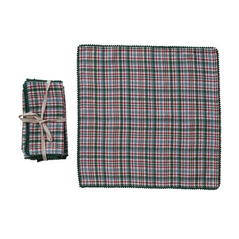 Plaid Cotton Napkins with Pom Pom Trim, Set of 4