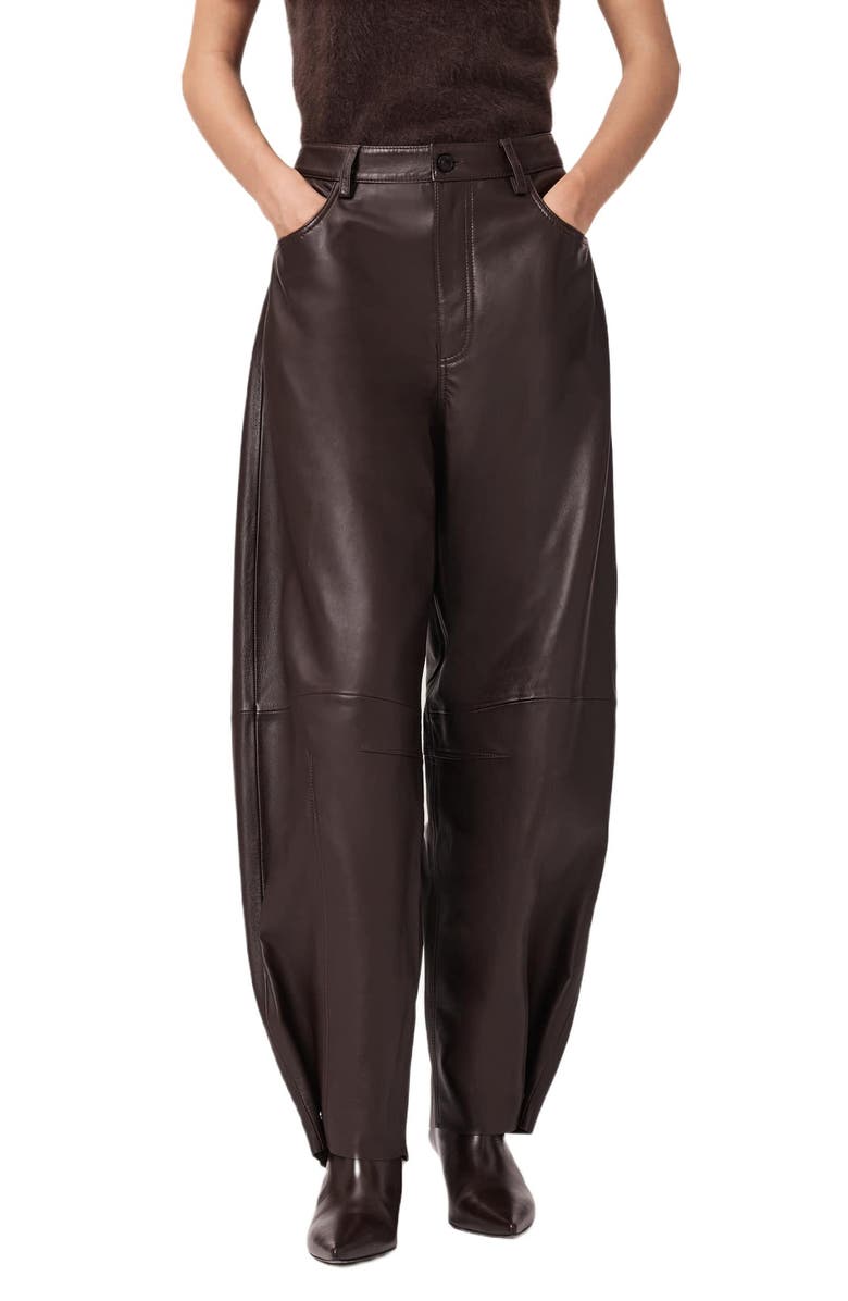 AllSaints Jett Barrel Leg Leather Pants, Main, color, Bitter Brown