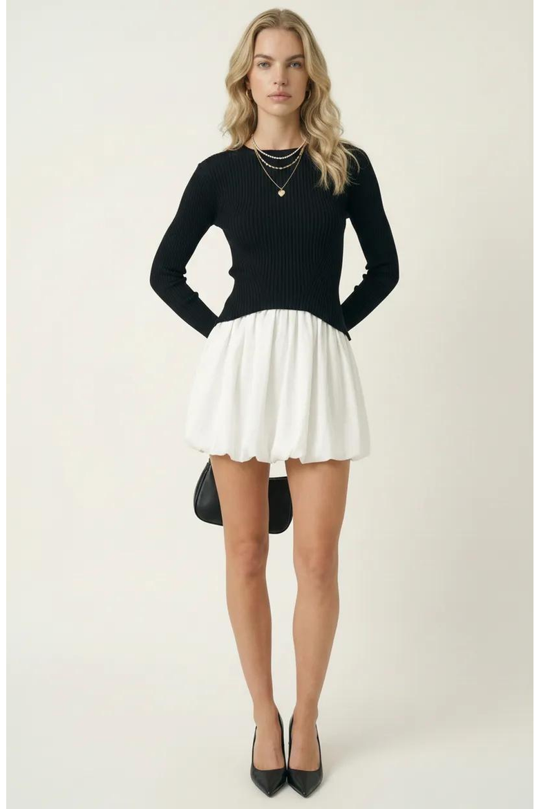 Knit and Woven Fit-and-Flare Mini Dress with Ribbed Long Sleeve Top, Alternate, color, Black / White