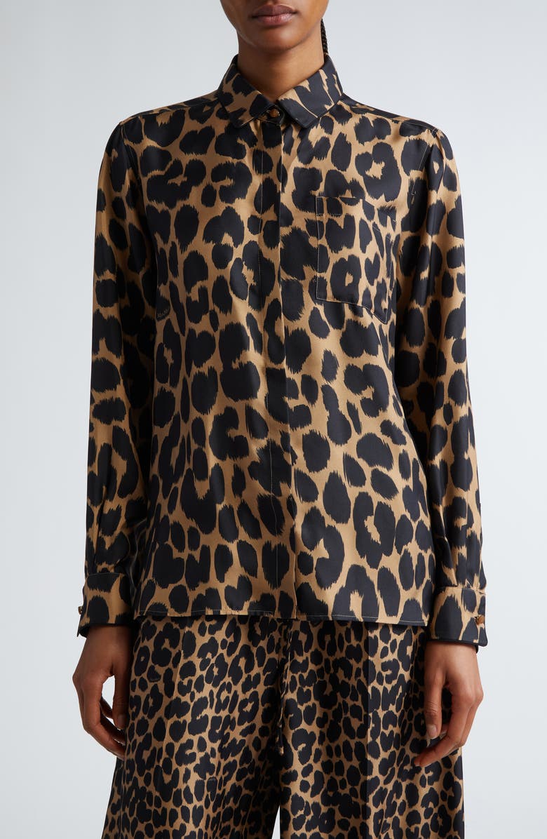 Max Mara Etna Leopard print Silk Button-Up Shirt, Main, color,