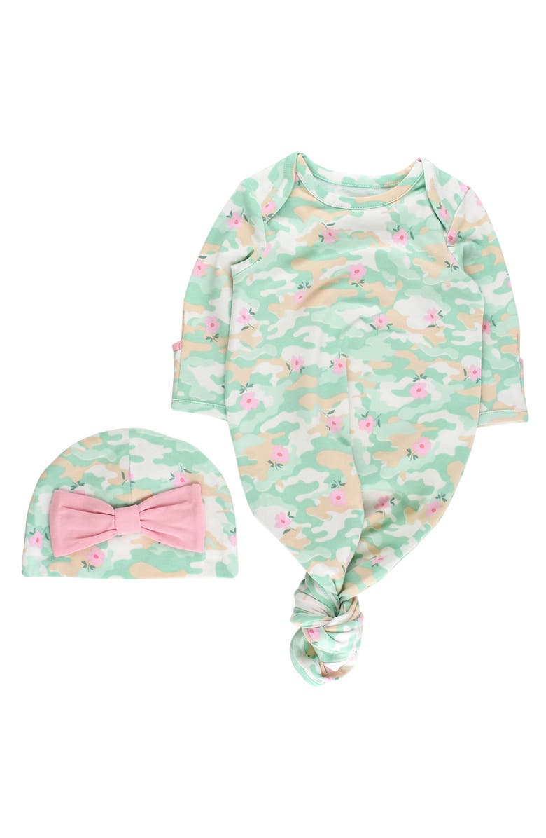 Softsnooze Modal Blend Ruffle Knotted Sleep Gown & Hat Set, Main, color, Sage Blossom Camo