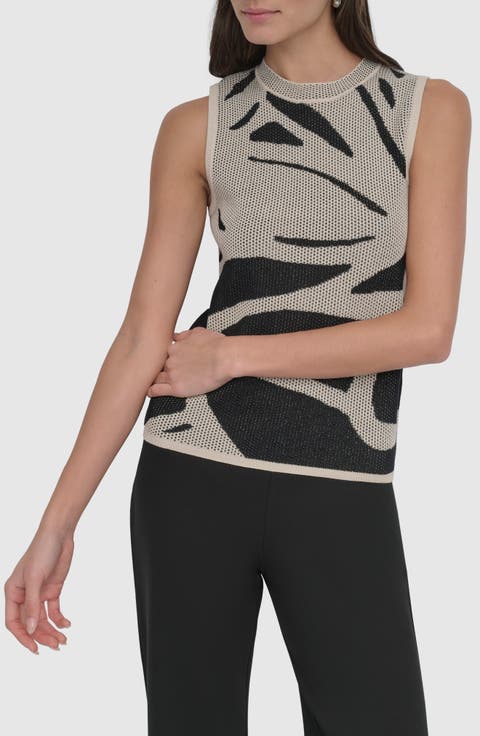 Abstract Floral Jacquard Sleeveless Cotton-Blend Sweater
