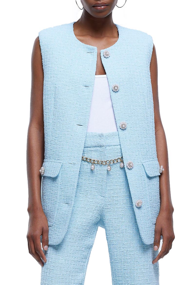 Cotton Blend Bouclé Vest, Main, color, BLUE