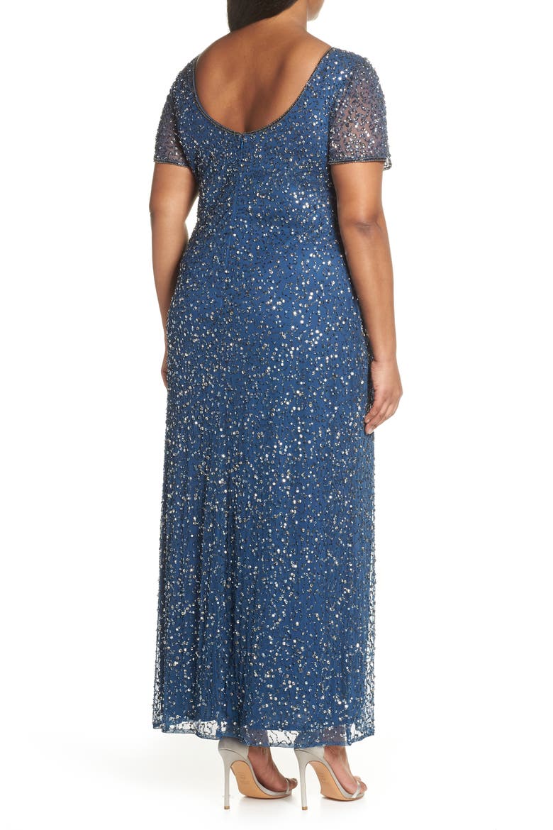 Short Sleeve Beaded Evening Dress, Alternate, color, PETROL BLUE