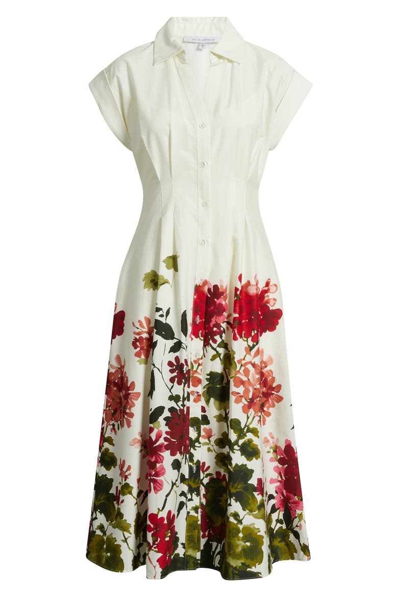 Floral Placement Pleated Stretch Cotton Midi Shirtdress, Alternate, color, IVORY MULTI