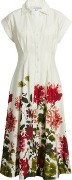 Julia Jordan Floral Placement Pleated Stretch Cotton Midi Shirtdress