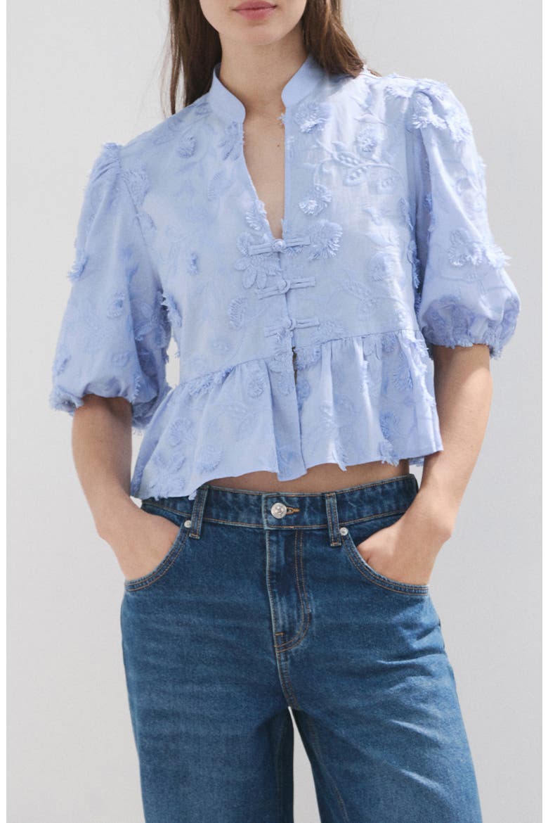 Floral Puff Sleeve Peplum Top, Main, color, SKY BLUE