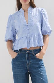 MANGO Floral Puff Sleeve Peplum Top