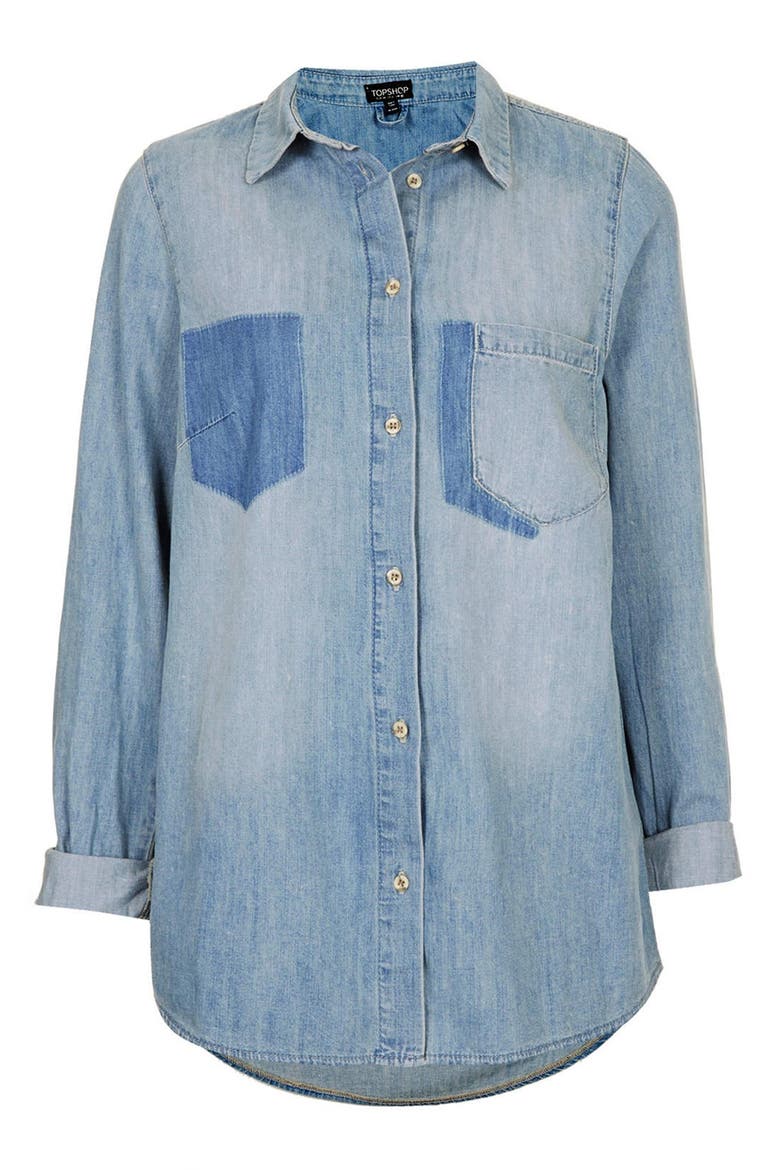 Moto Contrast Patch Denim Shirt, Alternate, color, LIGHT DENIM