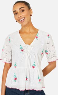 Yumi Broderie Anglaise Embroidered Tie Top