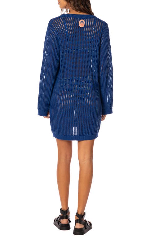 Maaji Ian Long Sleeve Sheer Cotton Open Stitch Cover-up Minidress In Blue