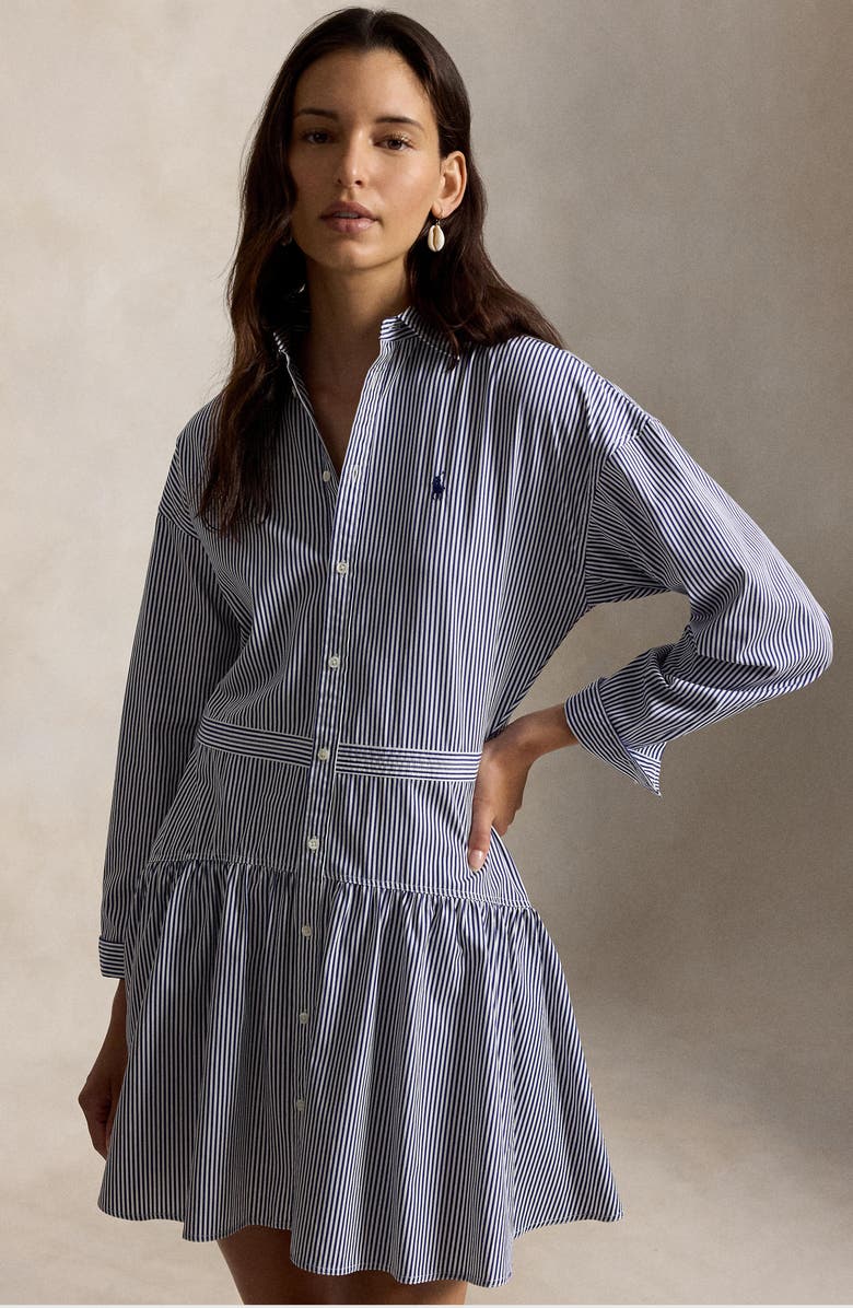 Polo Ralph Lauren Long Sleeve Stripe Poplin Mini Shirtdress, Alternate, color, White/ Fall Royal